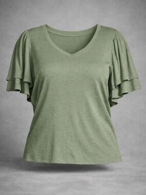 Time and Tru Lightweight Sage Green V-Neck Ruffle Sleeve Top